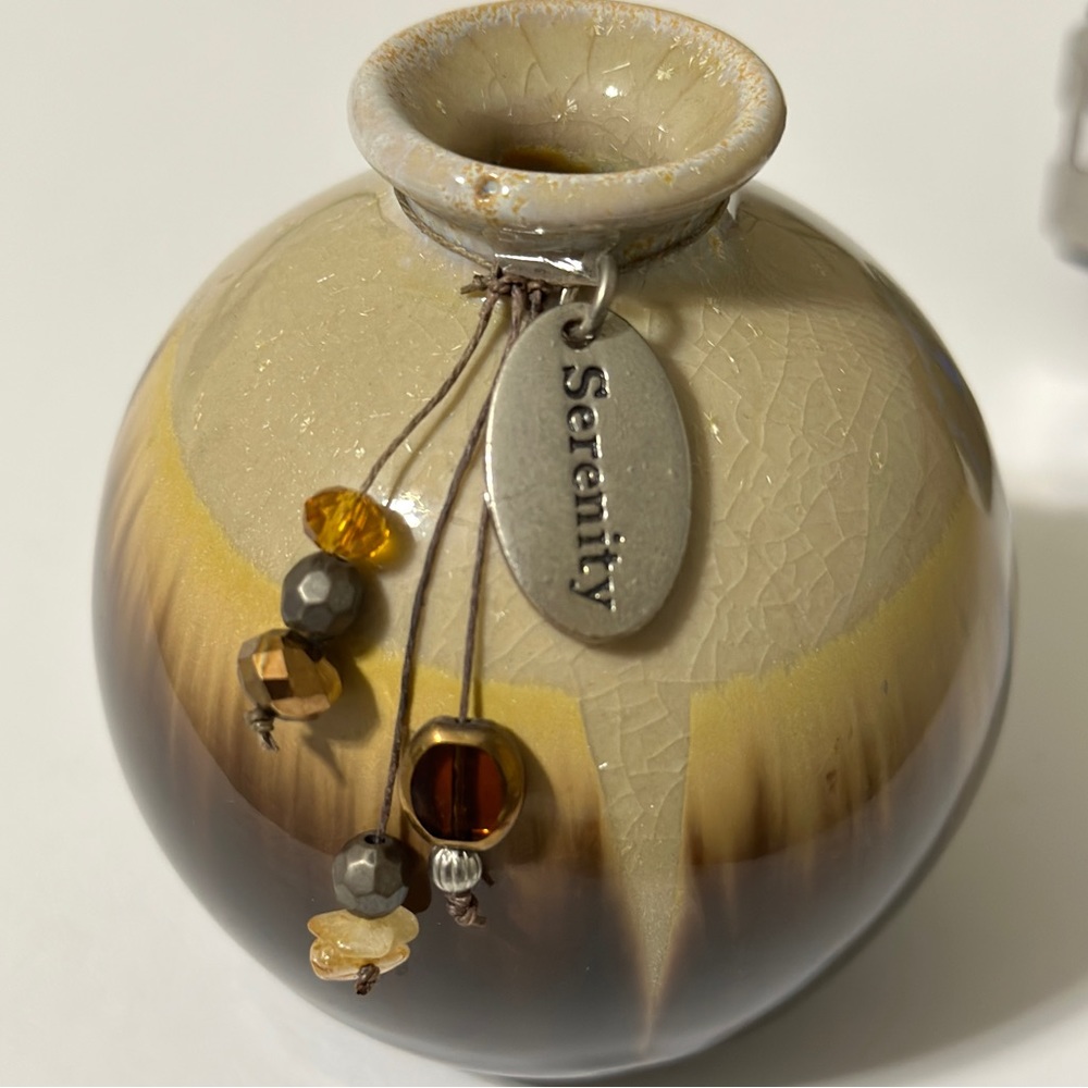 Brown Drip Glazed Pottery Vase w/Serenity Meditation Beads  Peace